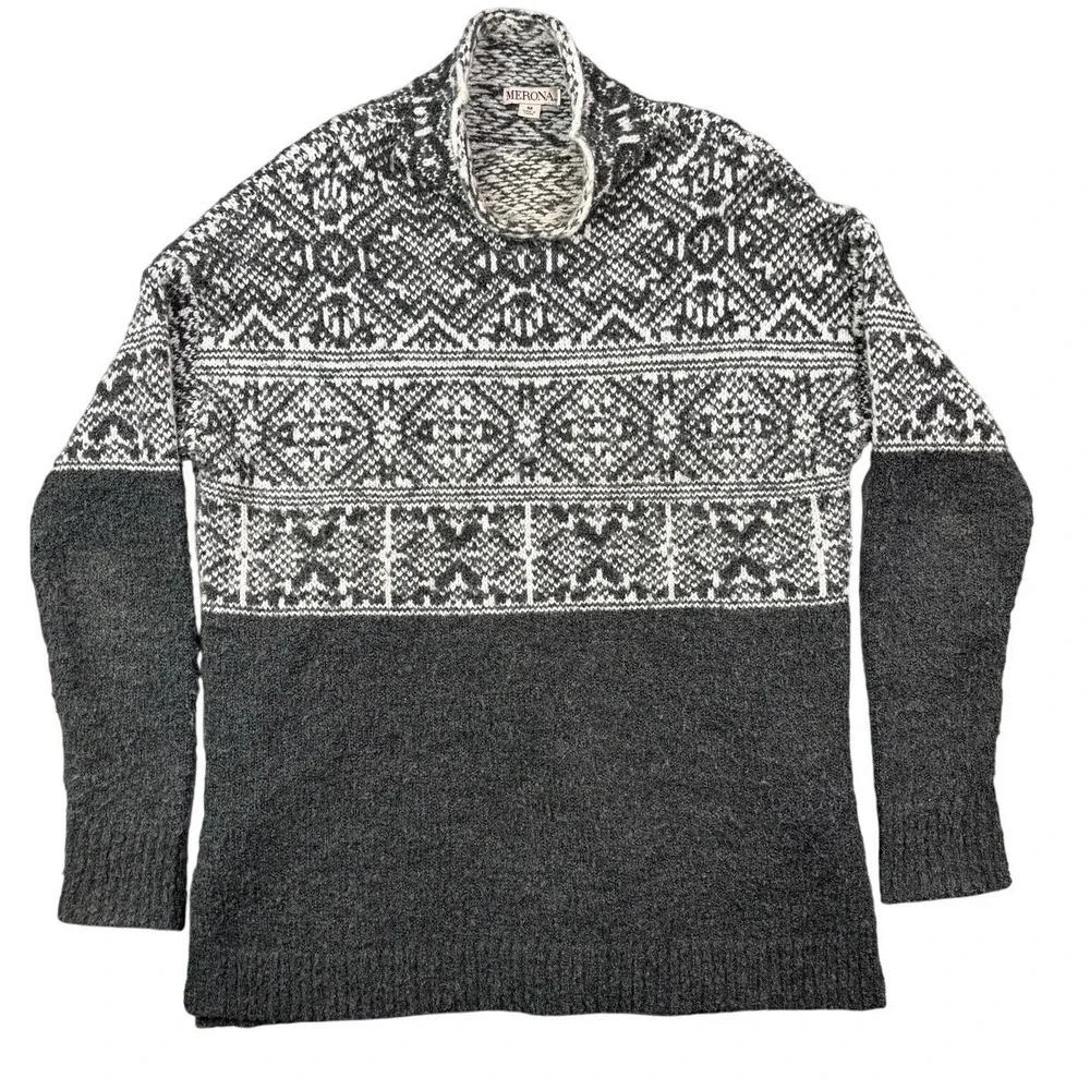 Merona Mens Mock Neck Fair Isle Knit‎ Sweater Charcoal Gray White Size M